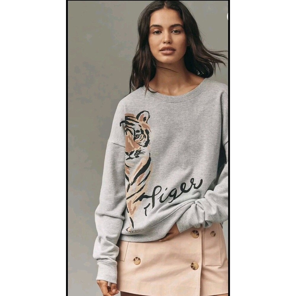 Anthropologie Maeve Tiger Graphic Sweatshirt Size Medium Gray